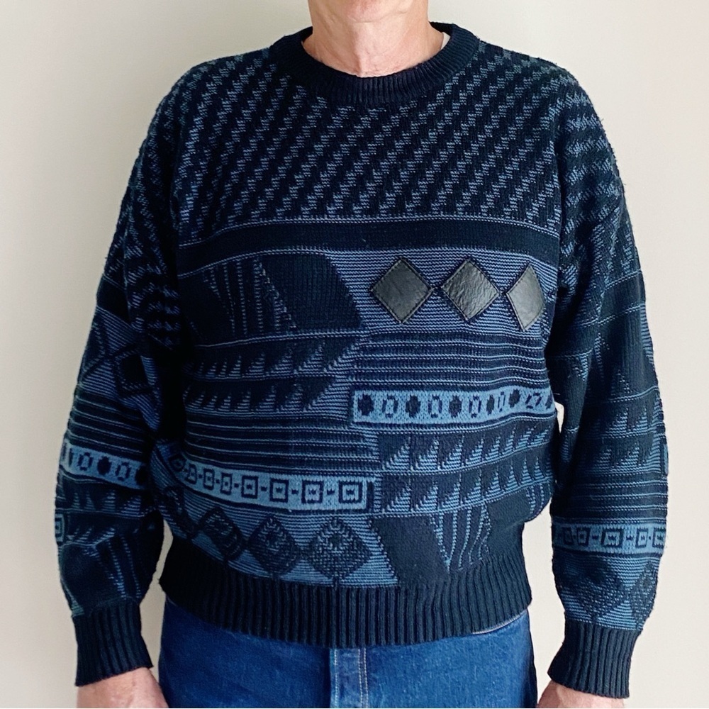 Vintage 90s Urban Works Dad Grandpa Sweater Leather Trim Patch Crewneck Pullover